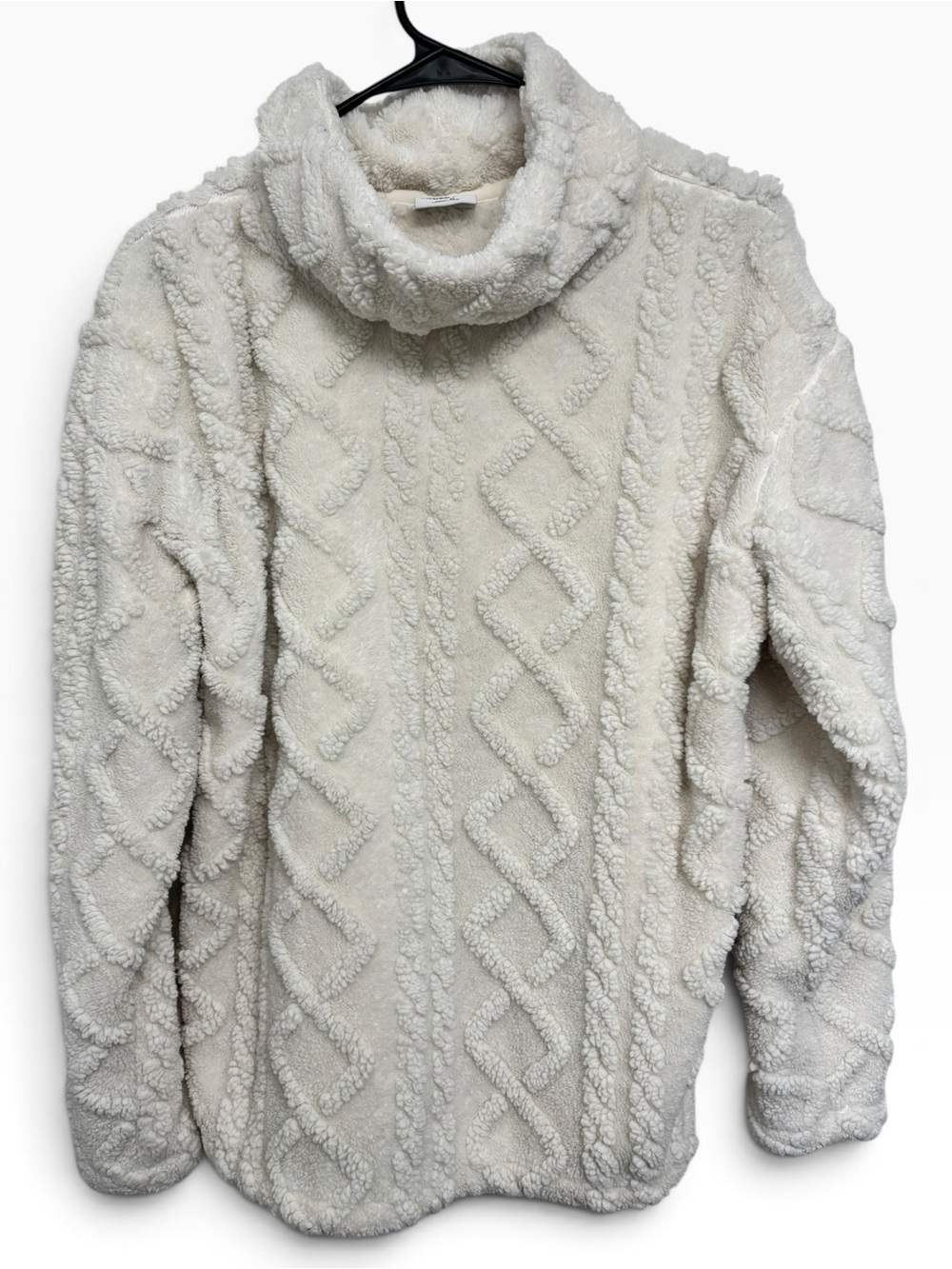 Eddie Bauer Cream Sherpa Fleece Cable Knit Cowl Neck Pullover Sweater (Size M) - Picture 2 of 4